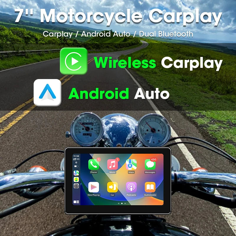 Srnubi 7 inch Portable Motorcycle DVR LCD Display GPS IPX7 Waterproof For Wireless Apple CarPlay Android Auto Airplay Monitor