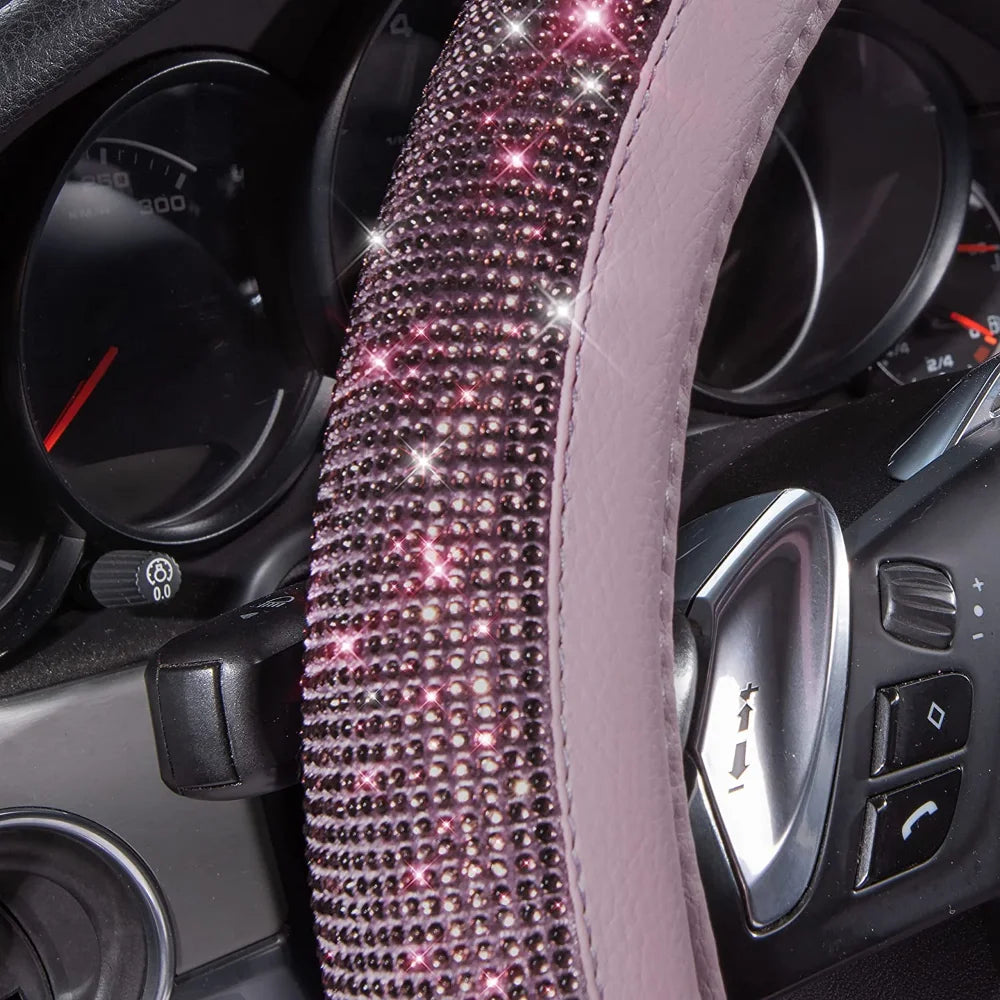 38cm CAR PASS Red Diamond Black Leather Steering Wheel Cover With Bling Crystal Rhinestones Universal