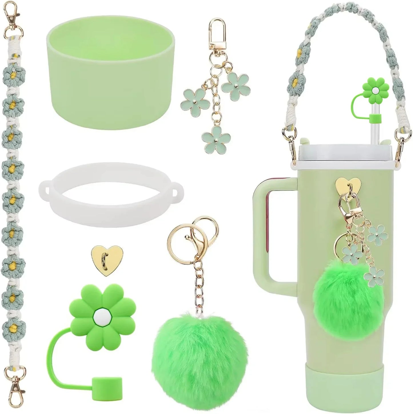 7/8pcs Cup Accessories Set for Stanley Cup Including Handle Strap Siliocne Cup Boot Straw Cover Charms for 40oz 30oz Tumbler