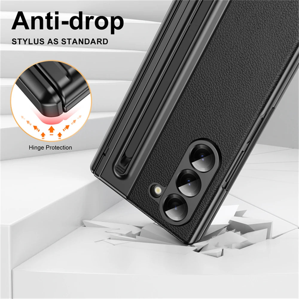 For Samsung Galaxy Z Fold 7 6 5 4 3 Leather Hinge Phone Case Outer Screen Glass S Pen Slot Protective Cover for Galaxy Z Fold 7