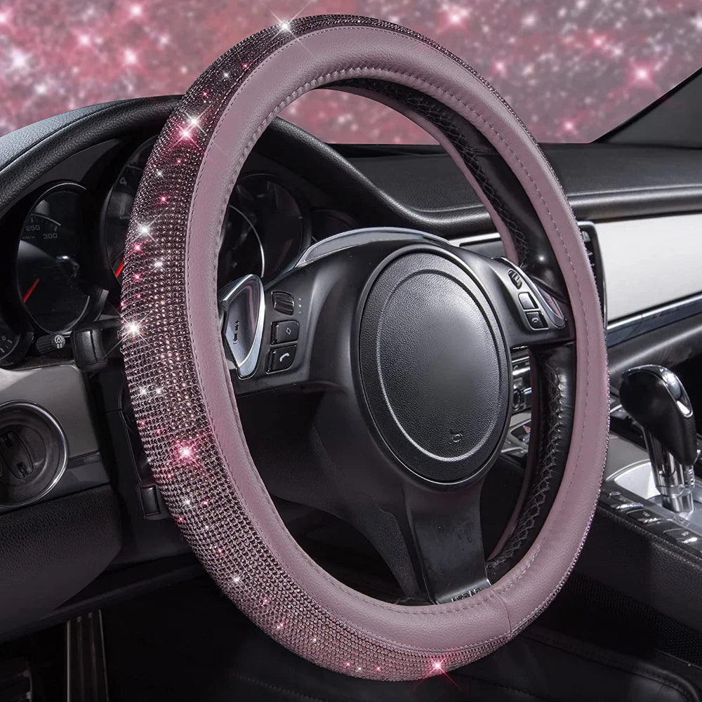 38cm CAR PASS Red Diamond Black Leather Steering Wheel Cover With Bling Crystal Rhinestones Universal