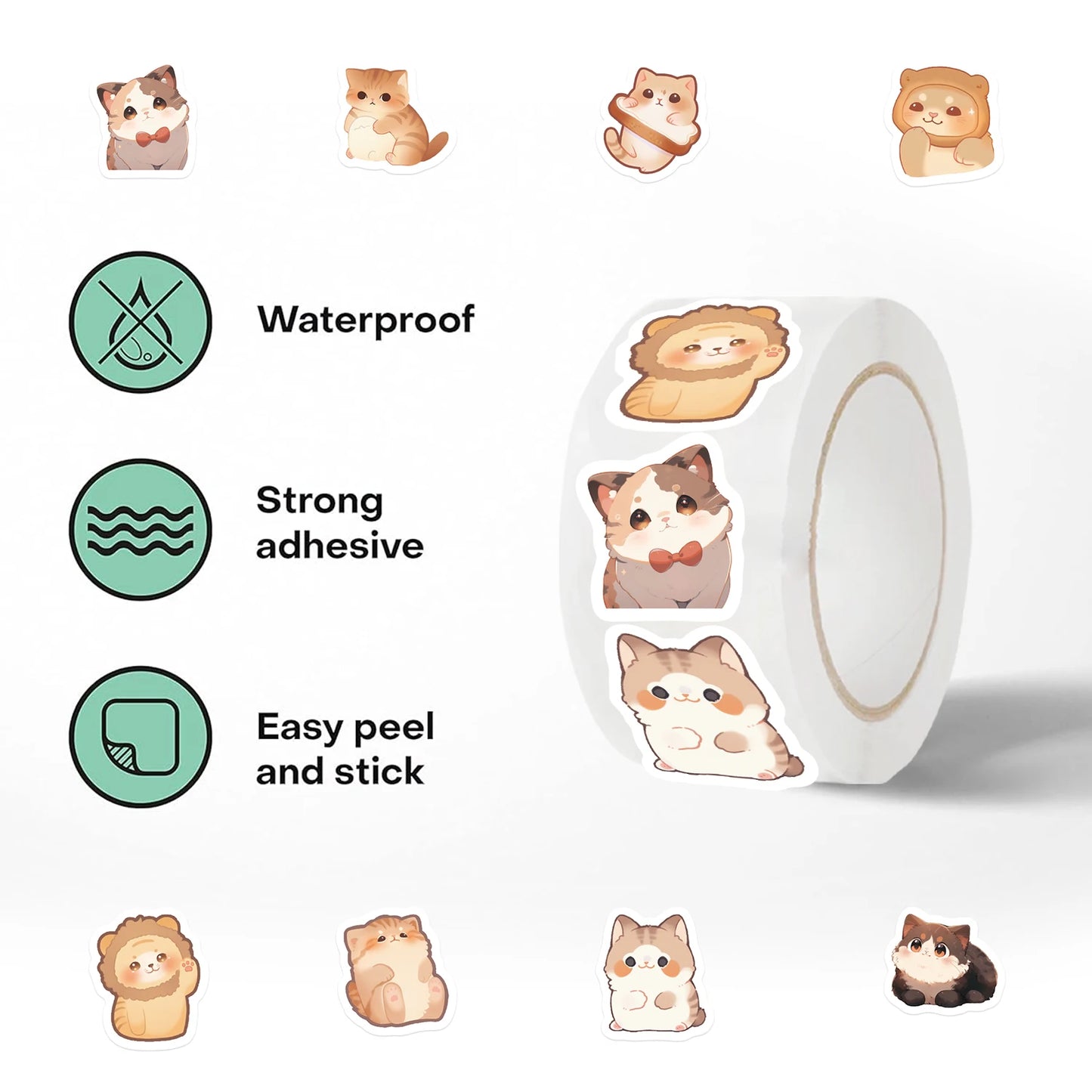 500Pcs/Roll Cartoon Cute Big Eye Cat Stickers for Notebook Helmet Scrapbook Journaling Encourage Children Sticker