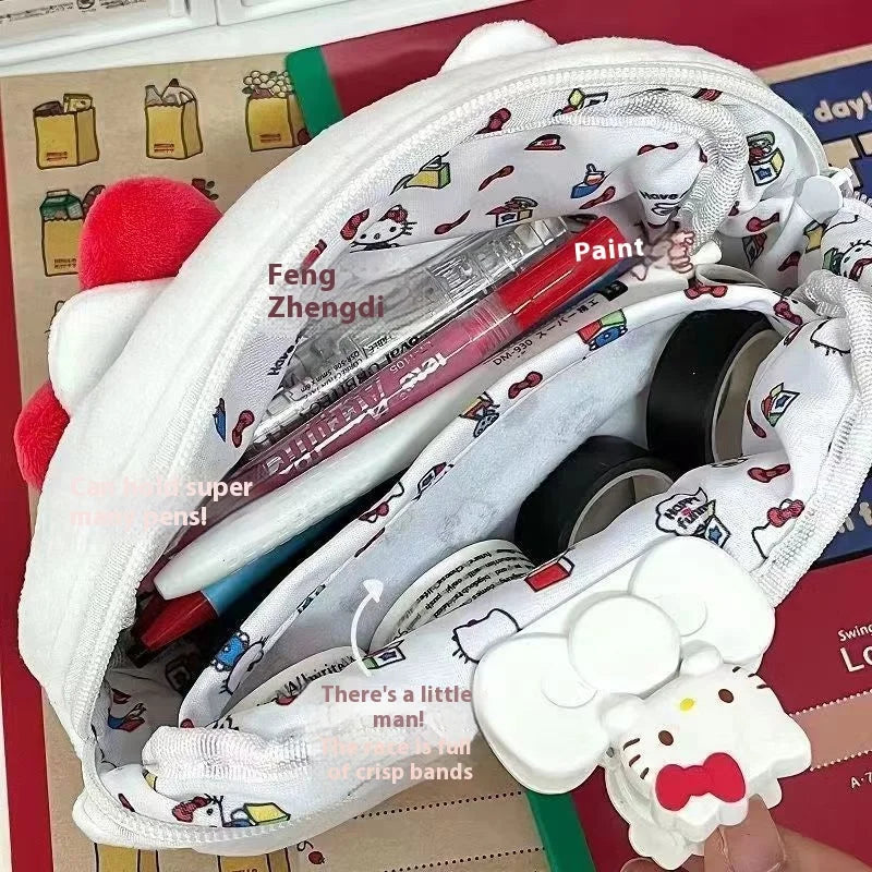 Hot Sale Sanrio Kitty Pen Case Ins Japanese Cartoon Stationery Female Student Large Capacity Pencil Case High Beauty Makeup Bag