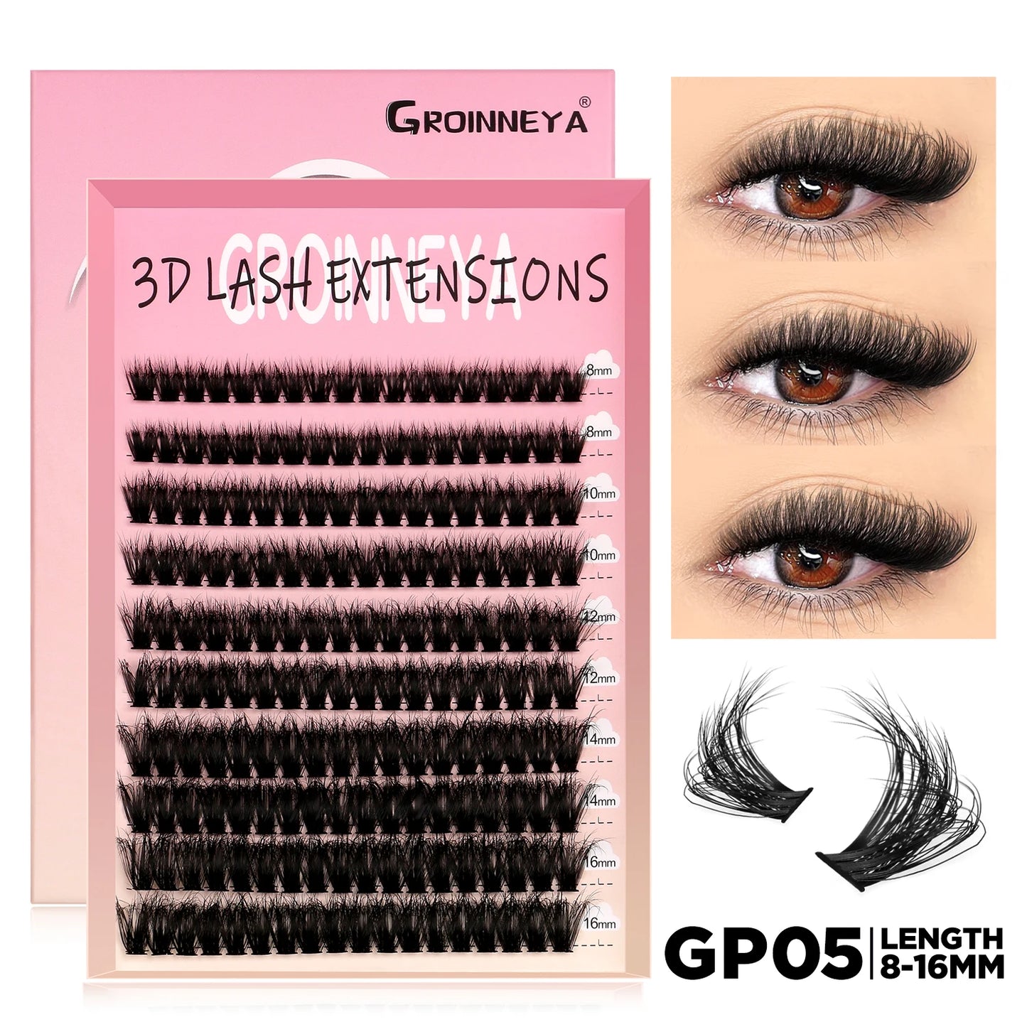 GROINNEYA Lashes Cluster DIY Lash Extension Mixed Tray Clusters Eyelashes Fluffy Volume Individual Lashes Cat Eye Lash Extension