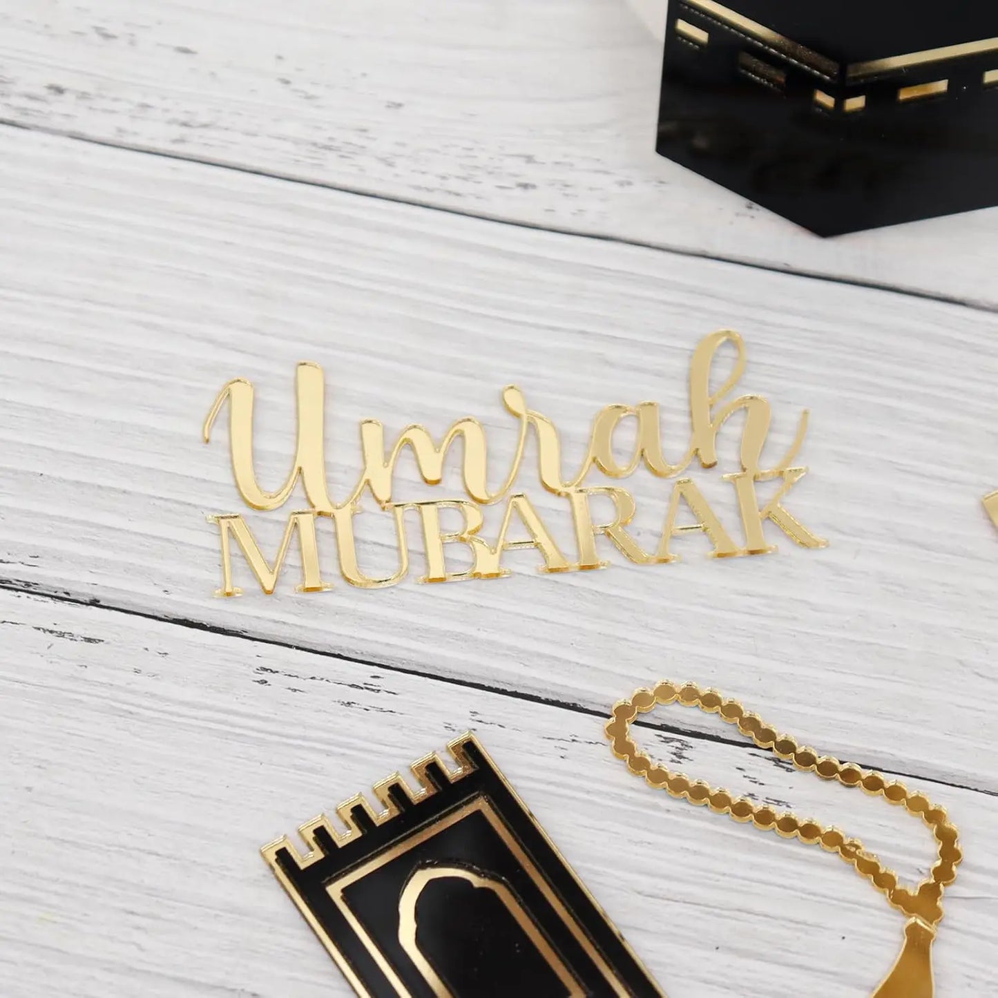 Paxrmuky Golden Muslim Umrah Mubarak Topper Hajj Mubarak Cake Topper and Charm Set of 4