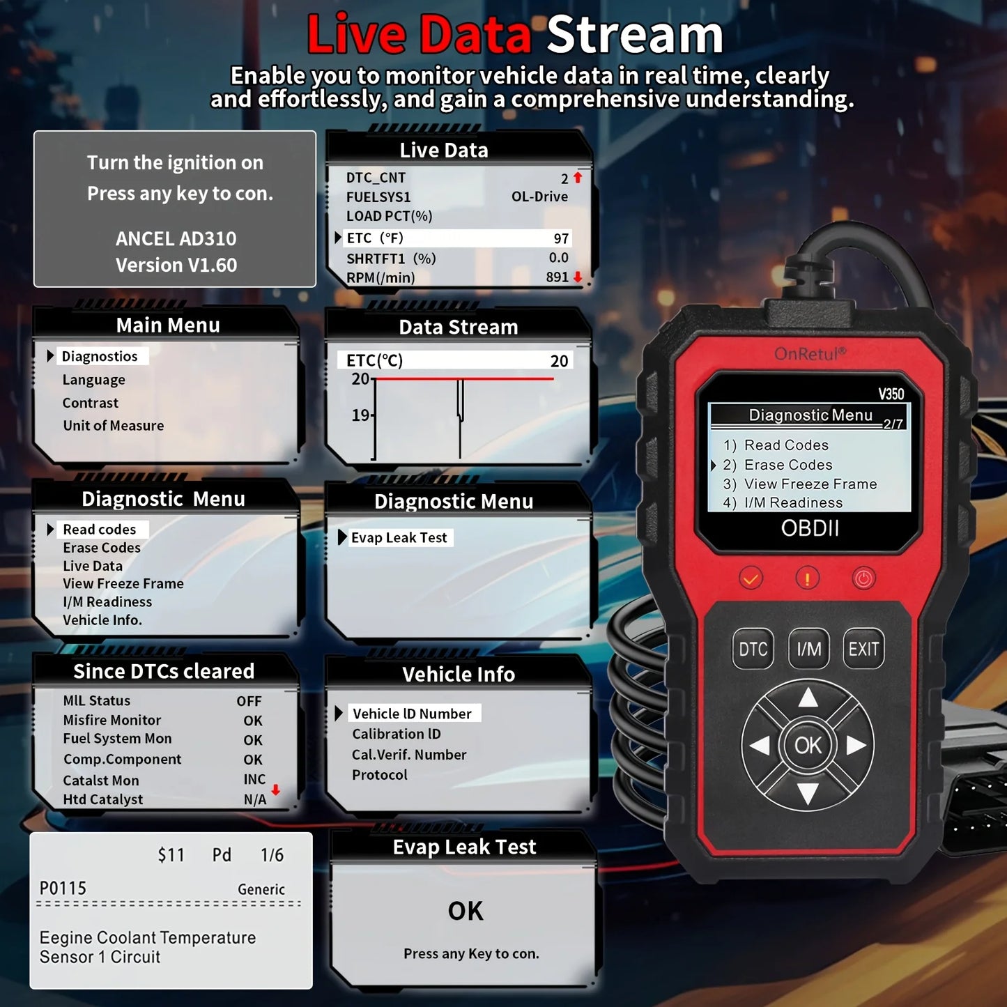 Advanced Obd2 Scanner V350 - Handheld Diagnostic Tool for All Vehicles, Reads Engine Faults, Tests Batteries, Analyzes and Tests Engine Performance, 350+ Readiness Check Codes, Dtc Book, 35, 901+ Readiness Check Codes, Vehicl