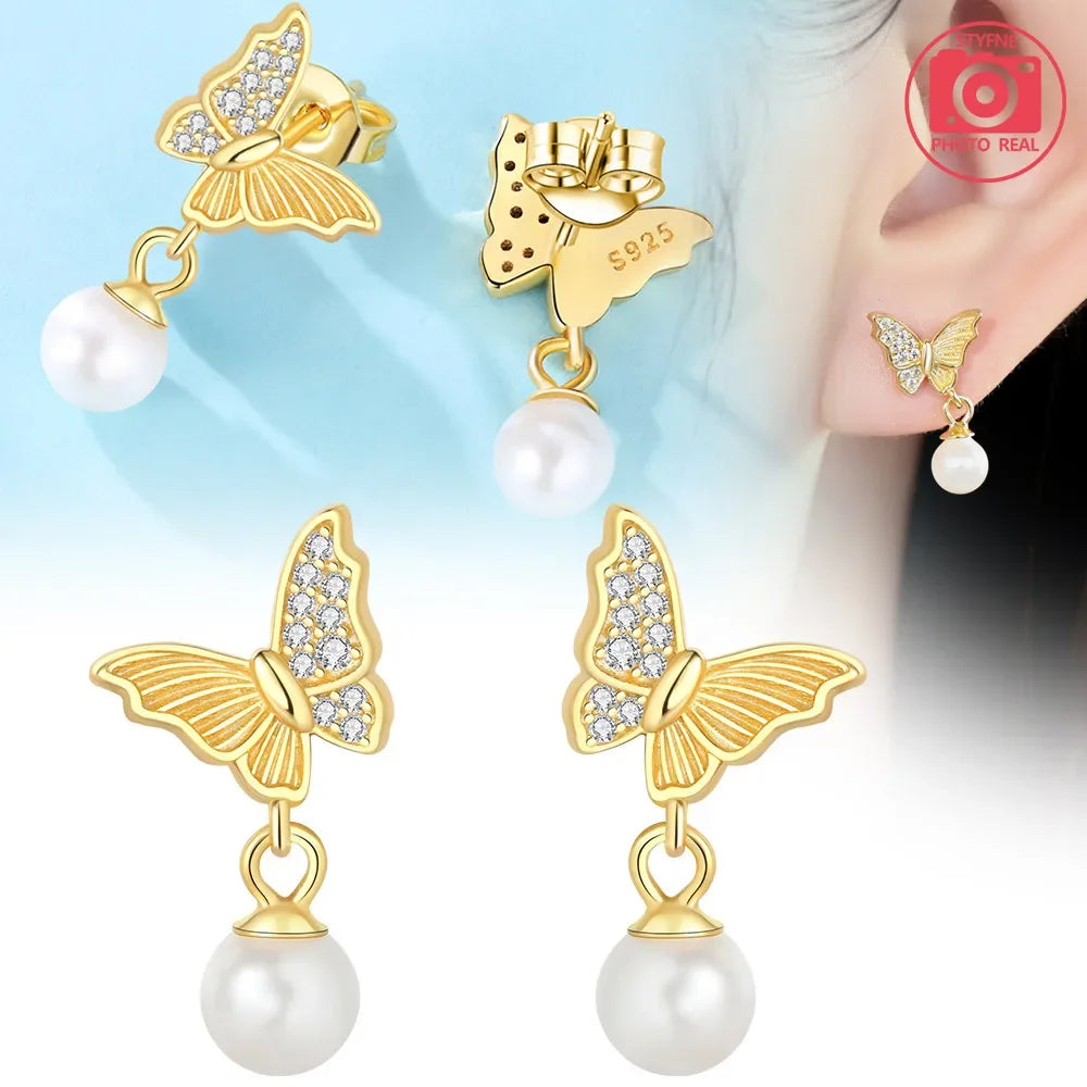 Sterling Silver S925 Pearl Gold Yellow Circular Hoop Earrings Drop Earring Original Charms Fine Jewelry for Women Elegant