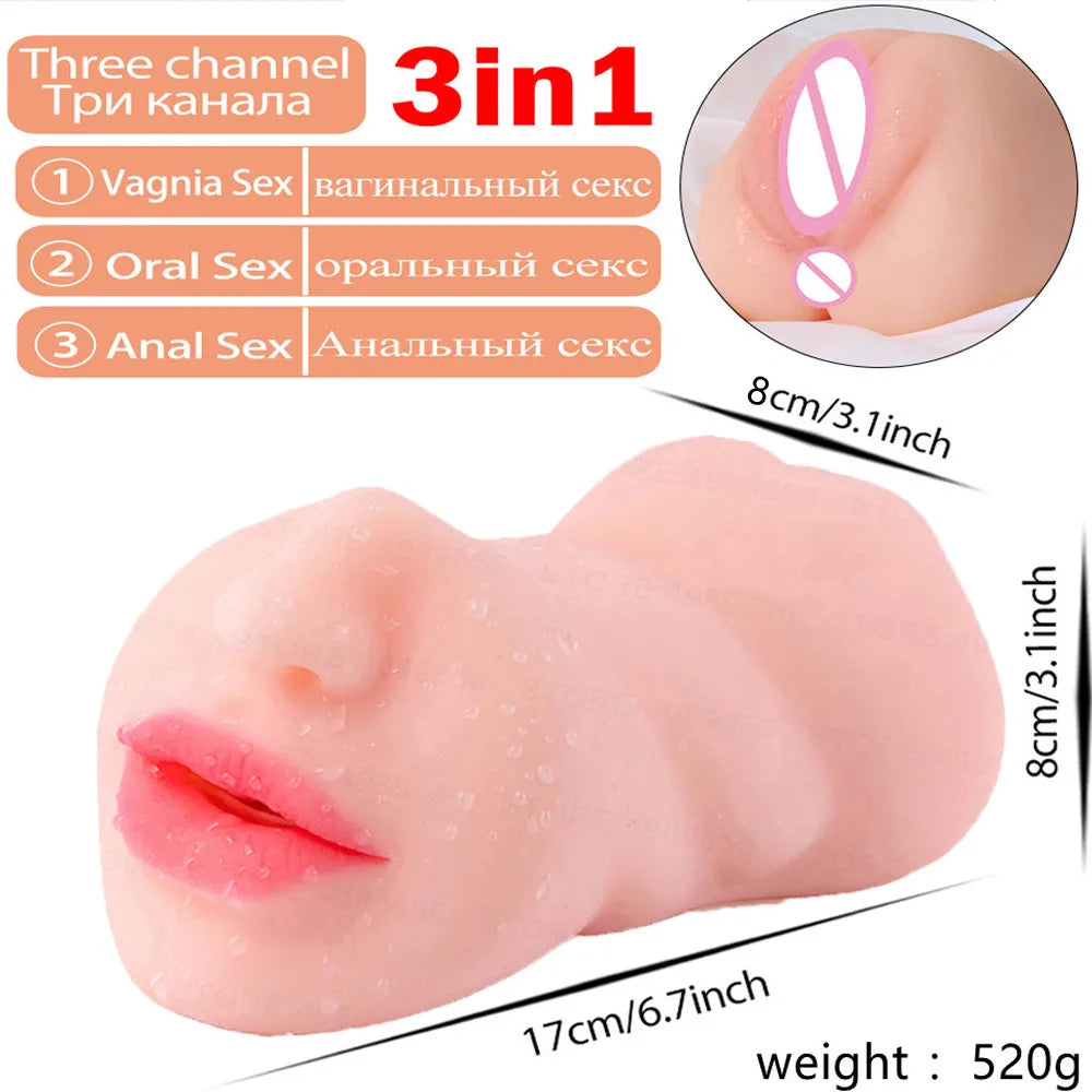 3 IN 1 Male Masturbator Silicone Vagina Real Pussy Open Mouth Teeth Realistic Sex Deep Sex Toys for Men Oral Masturbation Sextoy