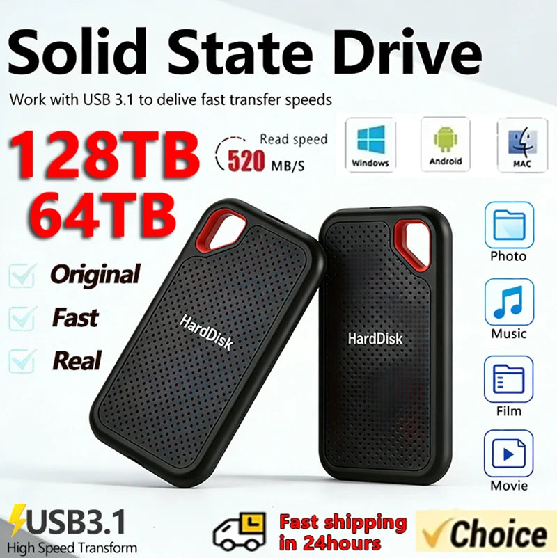 Portable SSD 128TB High-quality Hard Drive 1TB/2TB Original Hard Disk USB 3.1 High Speed Storage Device for Laptop/PC/Phone/Mac