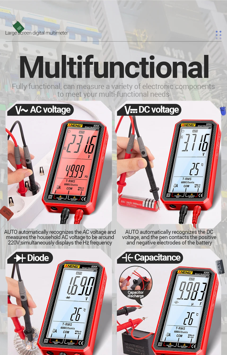 ANENG 620A High Precision Counts Auto Resistance Tester Digital Multimeter True RMS 6000 Manual Ranging Voltage Current