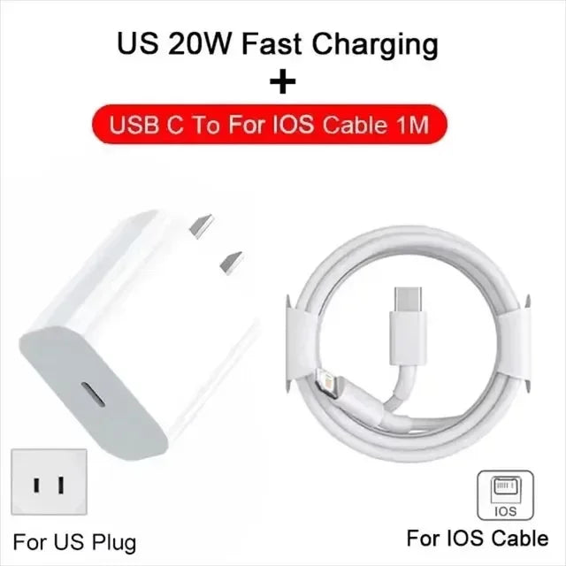 20W USB C Phone Charger PD Type C Cable Fast Charger Mobile Phone Charger for iPhone 15 16 Pro Max iPad Samsung Oppo EU/US Plug