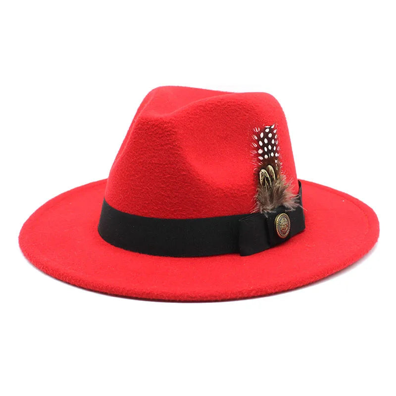 White Woolen Gentleman Classic British Jazz Feather Top Hat Wide Brim Party Church Wedding Fedora Hats Men Women Panama Felt Cap