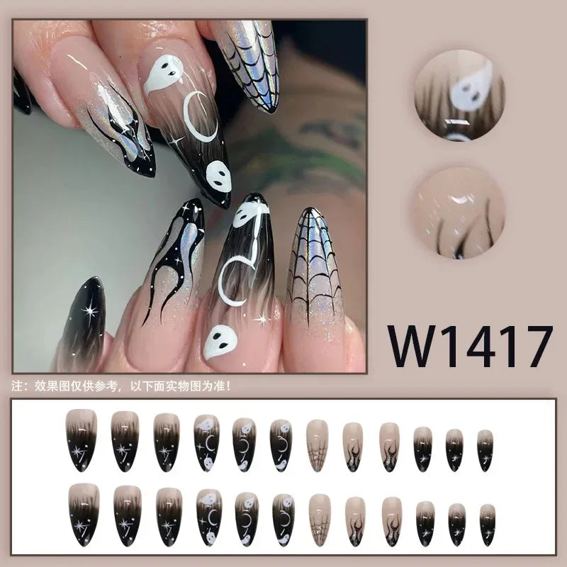 Black Ink Style Fake Nail with Jelly sticker Press on False Nails Wearable Round Head Oval Full Cover Nail Tips