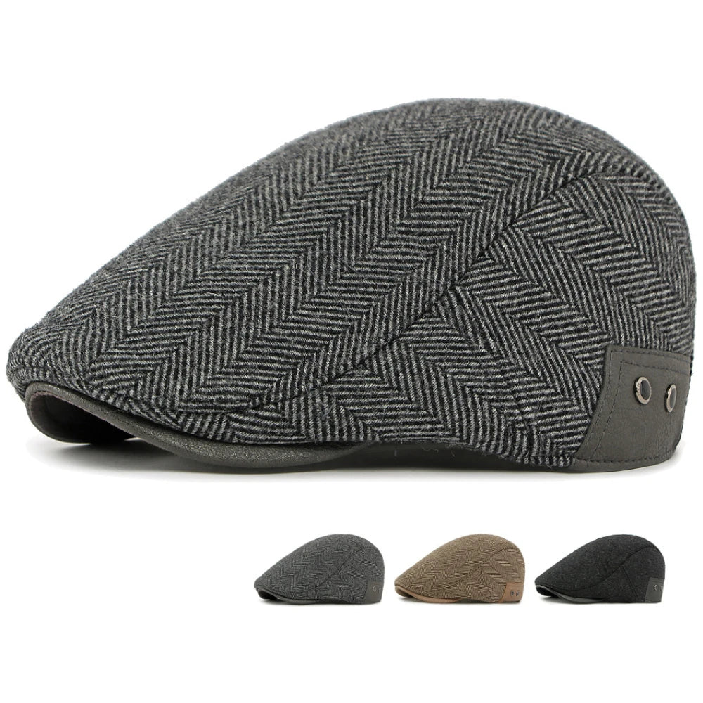 HT5025 Beret Cap Striped Beret Hats with Ear Flaps Male Female Adjustable Ivy Flat Cap Fleece Lined Winter Hat Women Mens Berets