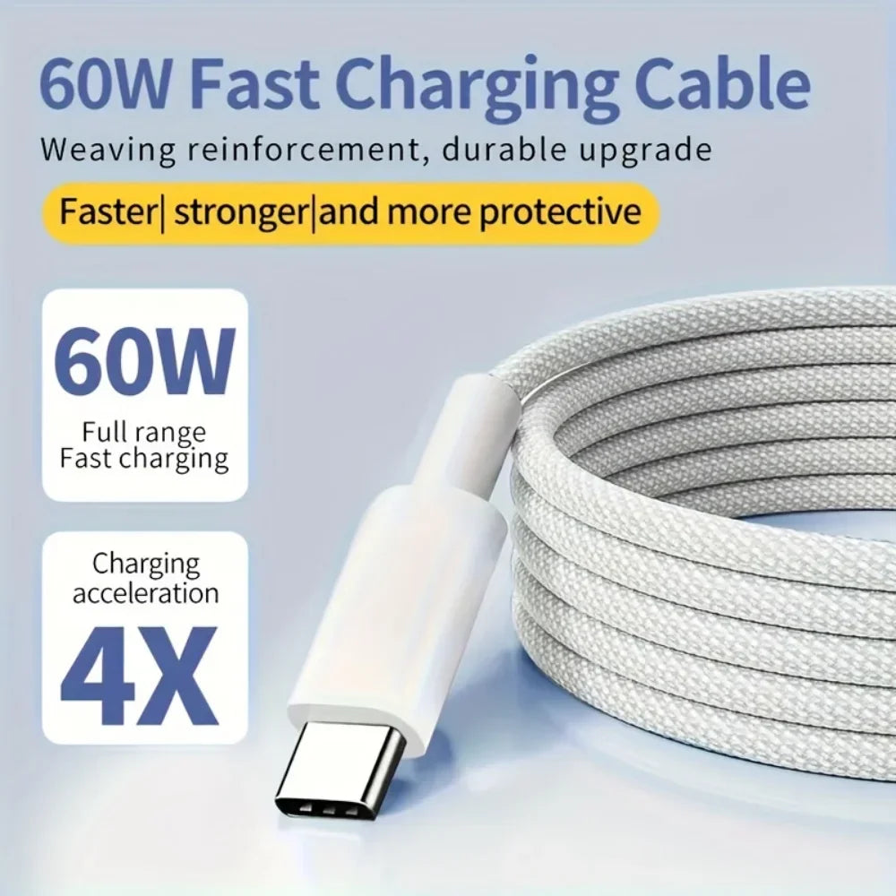 USB C to Type C Cable PD 65W Fast Charging Nylon Braided Data Cord For iPhone 16 15 Pro Samsung Type C Quick Charge Phone Cable