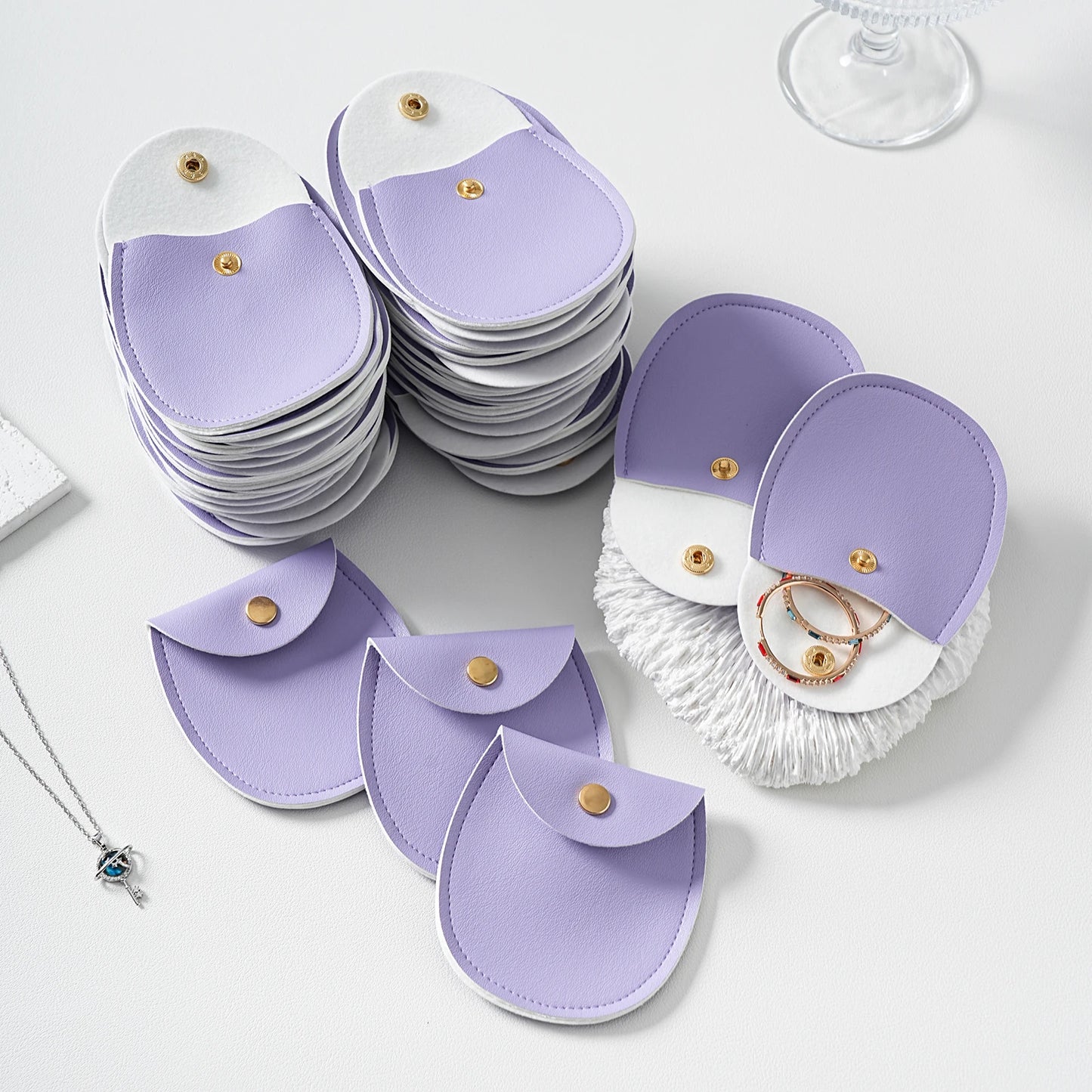 50Pcs Bulk Purple PU Leather Gold Button Snap Pouch Wedding Earring Ring Storage Party Gift Display Travel Packaging Bags