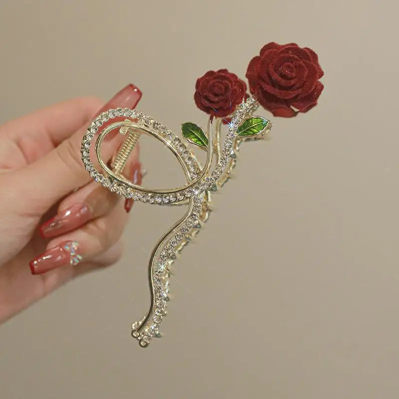 Retro New Rhinestone Rose Grasp Clip Women's Ponytail Shark Clip Hair Claw Hair Clip Elegant Girl Fashion Hair Accessories