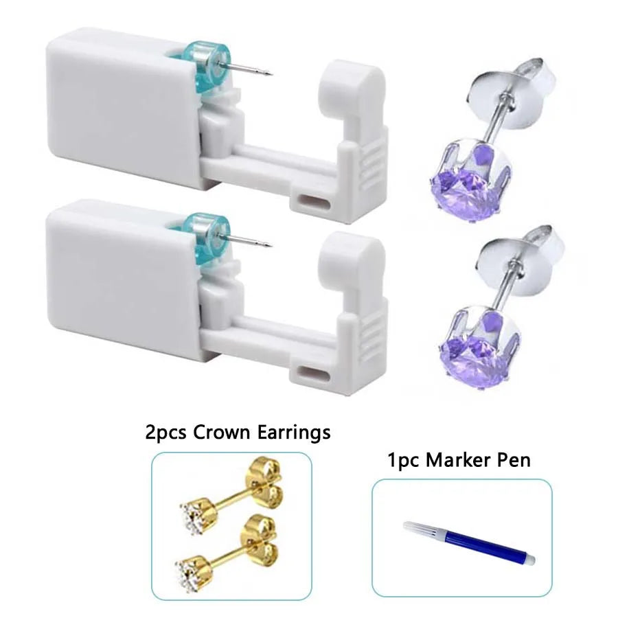 2PCS Disposable Ear Piercing Gun with Built-in Ear Studs & 2pcs Cubic Zirconia Earrings-For Home Use Ear Piercing Kit