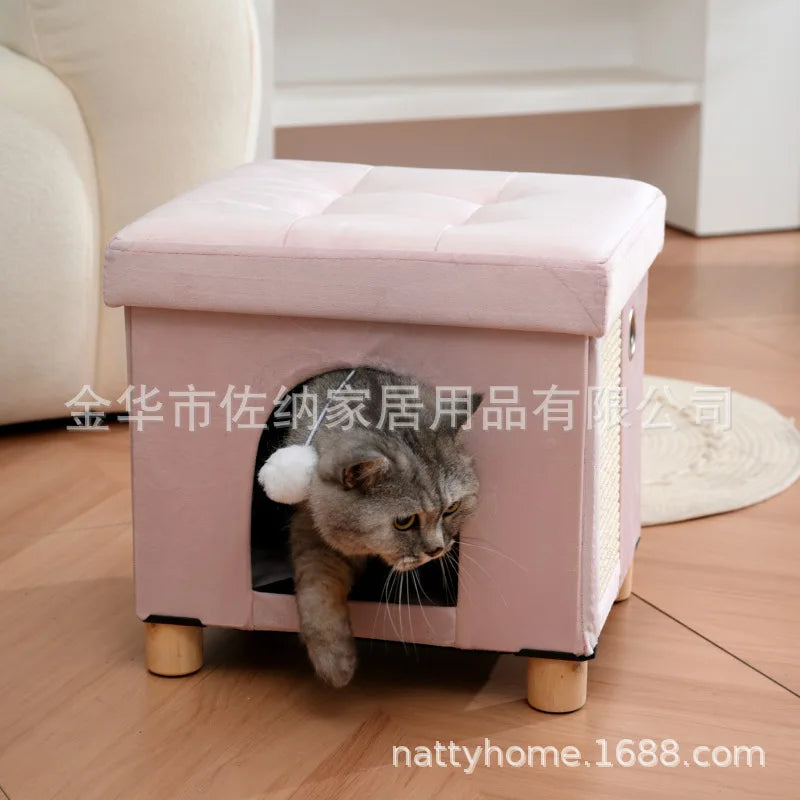 Multi Functional Cat Bed with Wooden Legs Foldable Pet Stool for Sitting