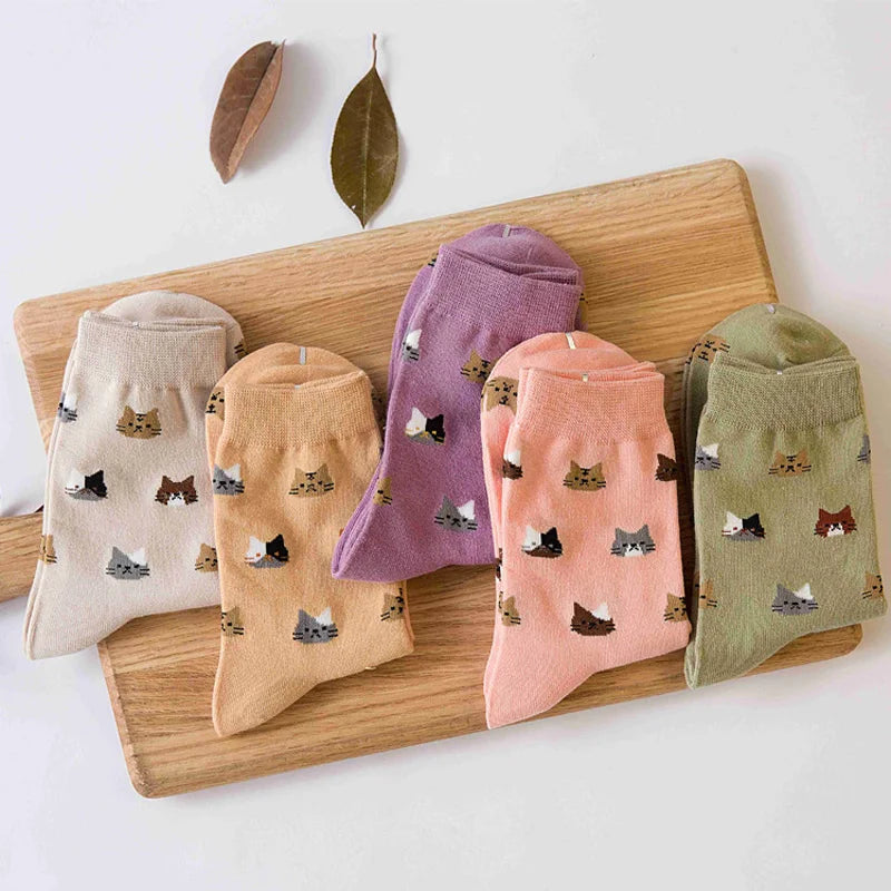 5 Pairs Cat Print Socks, Cute & Comfy All-match Mid Tube Socks, Women's Stockings & Hosiery