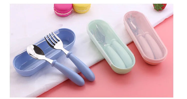 3pcs Children Spoon Forks Box Kids Stainless Steel Kids Cutlery Portable Baby Feeding Utensils Baby Spoons Baby Tableware Set