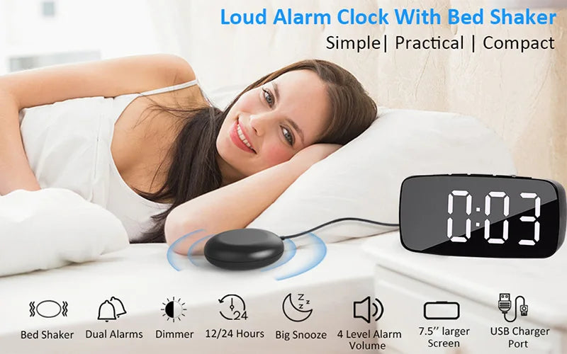 Super Loud Vibrating Alarm Clock with Bed Shaker Multifunctional Dual USB for Heavy Sleeper Deaf Hard of Hearing Snooze