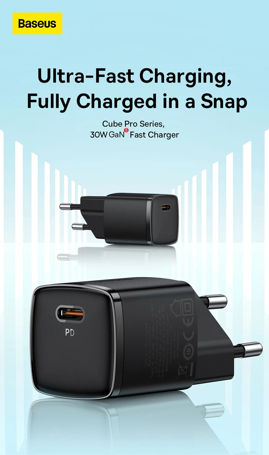 Baseus 30W GaN Charger PD Charger For iPhone 15 14 13 12 11 Xs Max Fast Charger PD3.0 QC3.0 Phone Charger Type C Tablets Charger