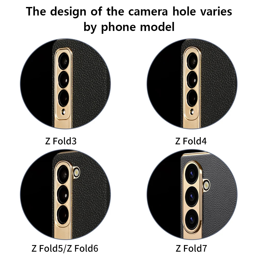 LANGSIDI Leather Case for Samsung Galaxy Z Fold 7 6 5 4 3 Fold6 Fold7 Gold Plating Magnetic Hinge Stand Cover with Mirror Film