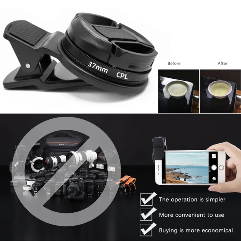 Clearance_Universal With Clip Portable Professional Phone Polarizer Wide Angle Lens 37/52MM CPL Filter Circular Camera Black Acc