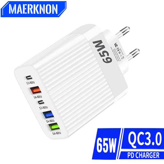 USB C Charger 5 Ports 65W Fast Charging Phone Charge Adapter For iPhone 15 14 13 12 Samsung Xiaomi EU/US Plug Quick Wall Charger