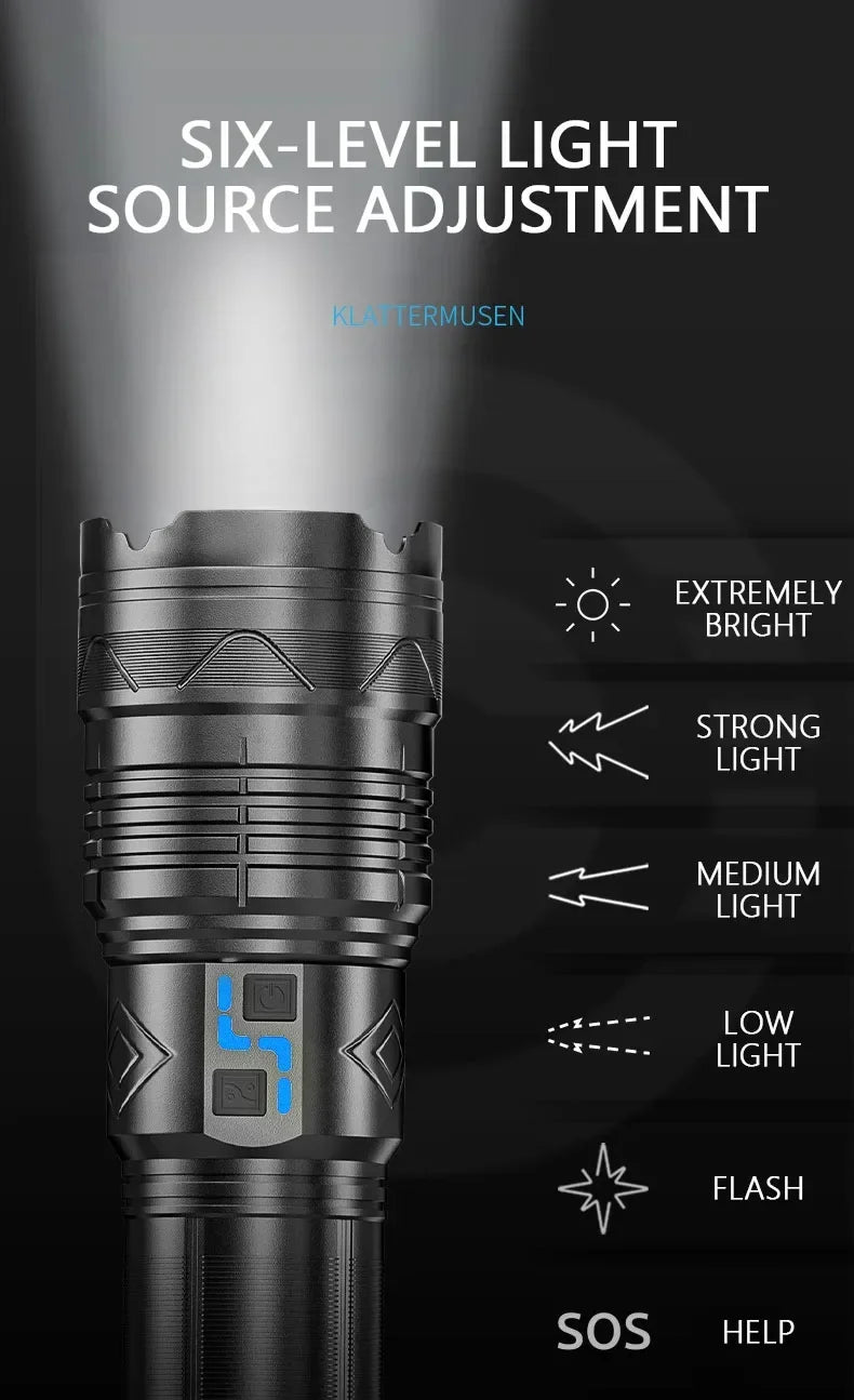 LED Tactical Flashlight Super Bright Spotlight Power Display Long Range Zoomable Torch Outdoor Emergency Tactical Search Lantern