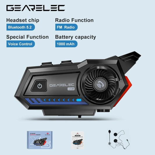 GEARELEC X5 Motorcycle Helmet Headset BT 5.2 Waterproof Wireless Headphones Voice Control Roise Reduction FM Radio Warning Light