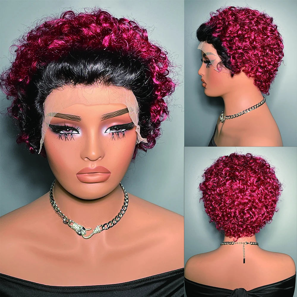 99J Wigs Human Hair Cheap Pixie Cut Wig 13X1 Transparent Lace Wig For Women Short Curly Human Hair Wig 180 Density