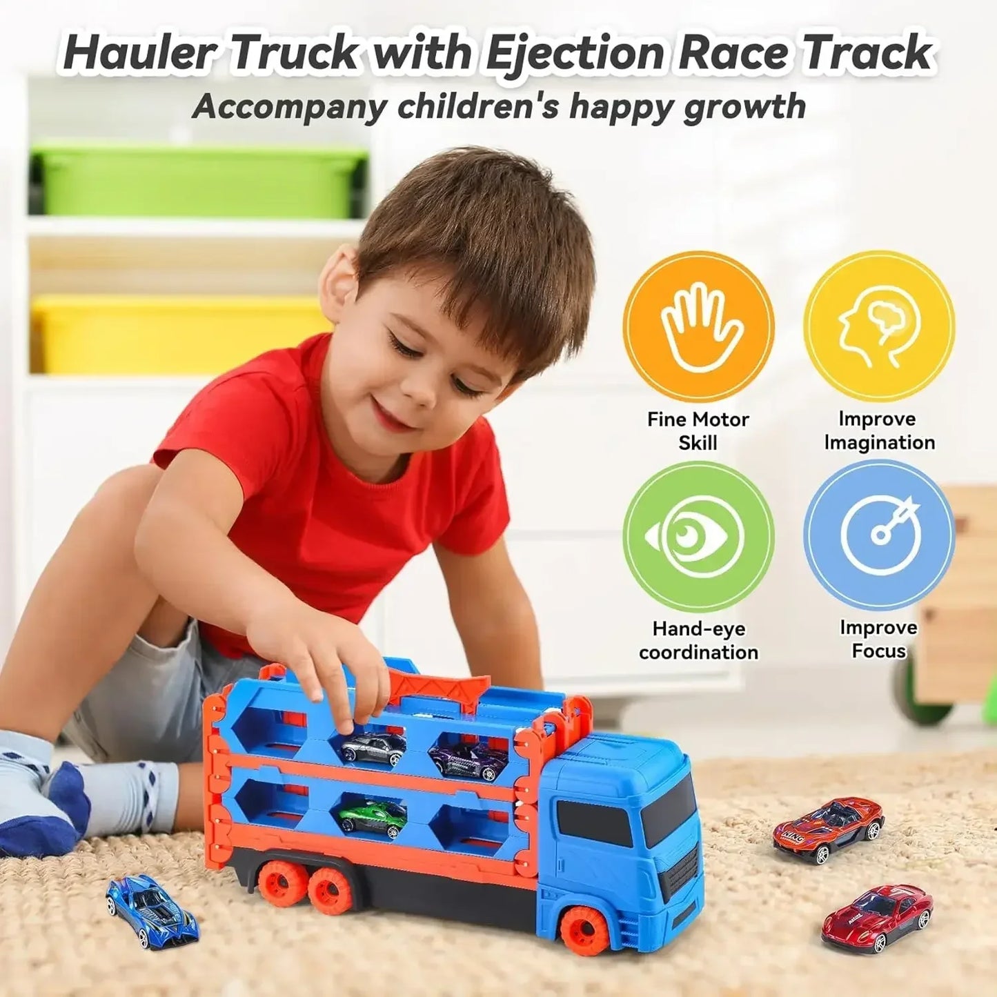 Transport Truck Toy 65-Inch Foldable Toddler Car Carrier for Boy Girl 9 in 1 Race Track and Die-Cast Truck Race Car Gift Vehicle