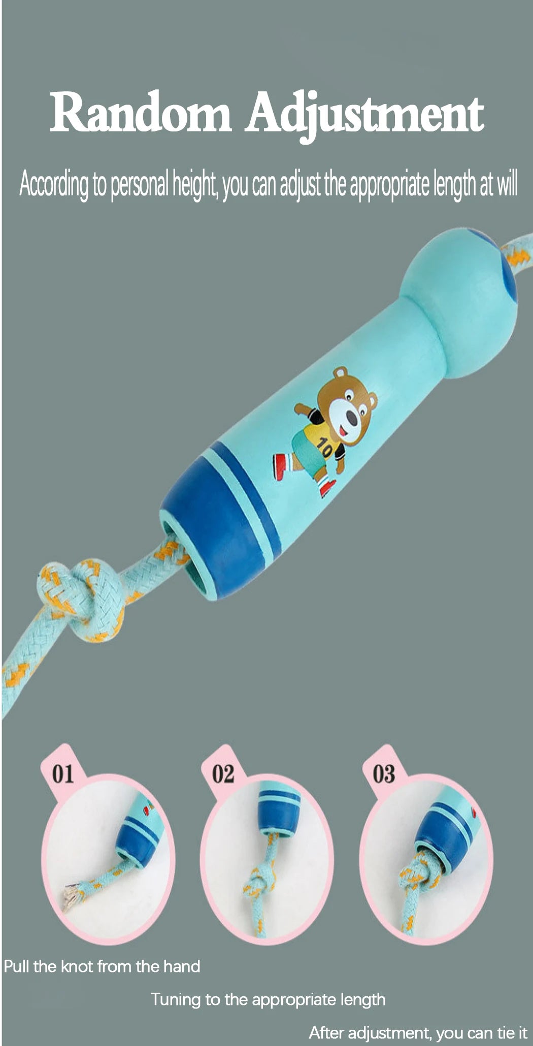 Children's Sports Adjustable Cotton Rope  Ropes Sport Fitness Lovely Cartoon Skipping Natural Wooden Handle Fillet Design