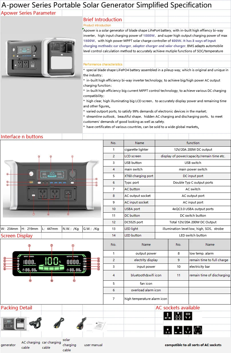 Universal Socket Apower1000W Stock in Dubai High Power Solar Generators Portable Energy Station Backup Solar Batteries Inverters