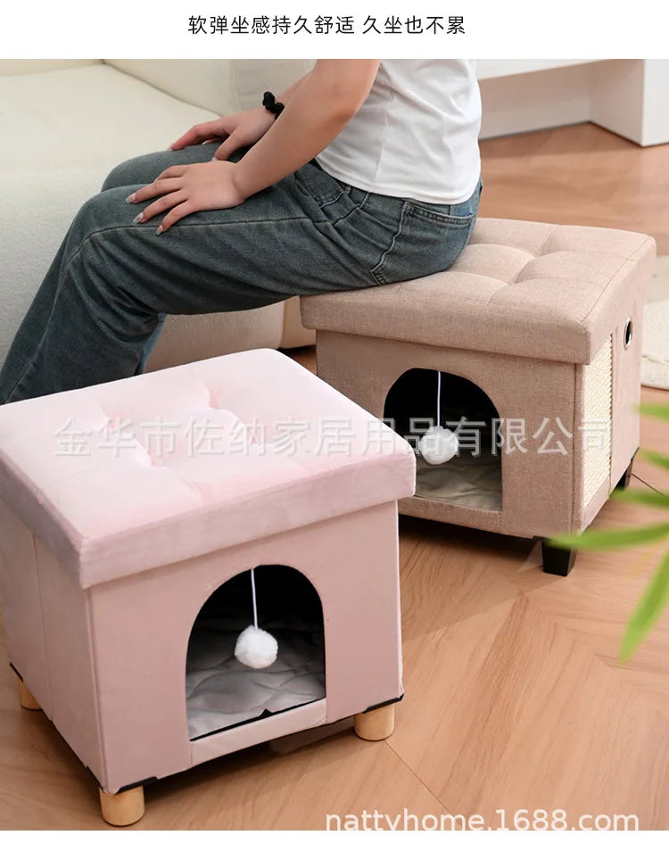 Multi Functional Cat Bed with Wooden Legs Foldable Pet Stool for Sitting