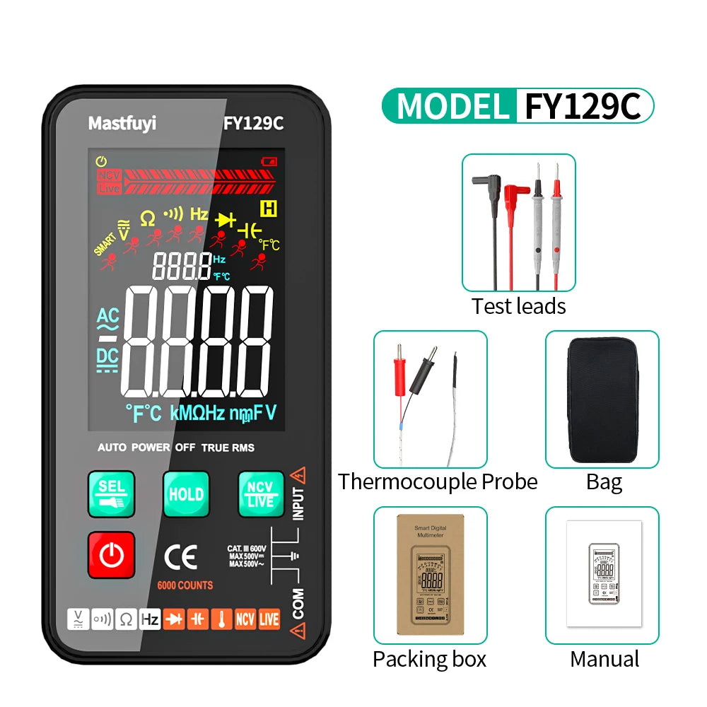 MASTFUYI Smart Digital Multimeter NCV Temperature Capacitance Tester 5999 Counts True RMS Auto Range DC/AC Voltage Meter