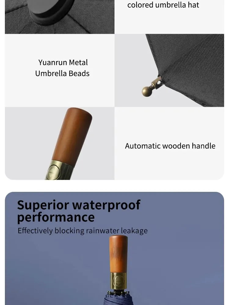 10 Bone Log Handle Automatic Rain Umbrella, Vintage Style Foldable UV Protection, For Men And Women, Suitable For Many Occasions