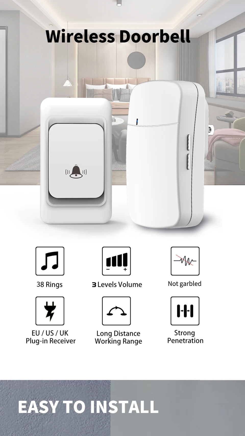 Outdoor Wireless Door bell  дверной звонок Chime Kit 300M Remote Control Home Welcome My Melody Ring Doorbell