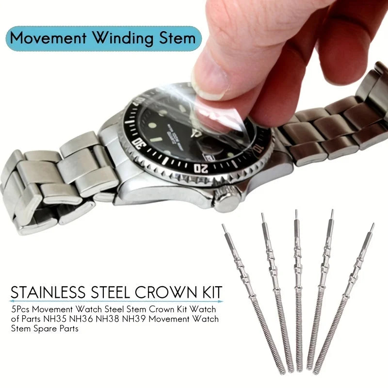 5Pcs Movement Watch Steel Stem Crown Kit Watch of Parts NH35 NH36 NH38 NH39 Movement Watch Stem Spare Parts 5Pcs Movement Watch