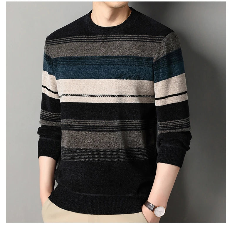 Mens Thickened Sweater Stripe Velvet Pullover Men's Winter Clothes Elegant Luxury Brand Fashion Knitted Sweaters