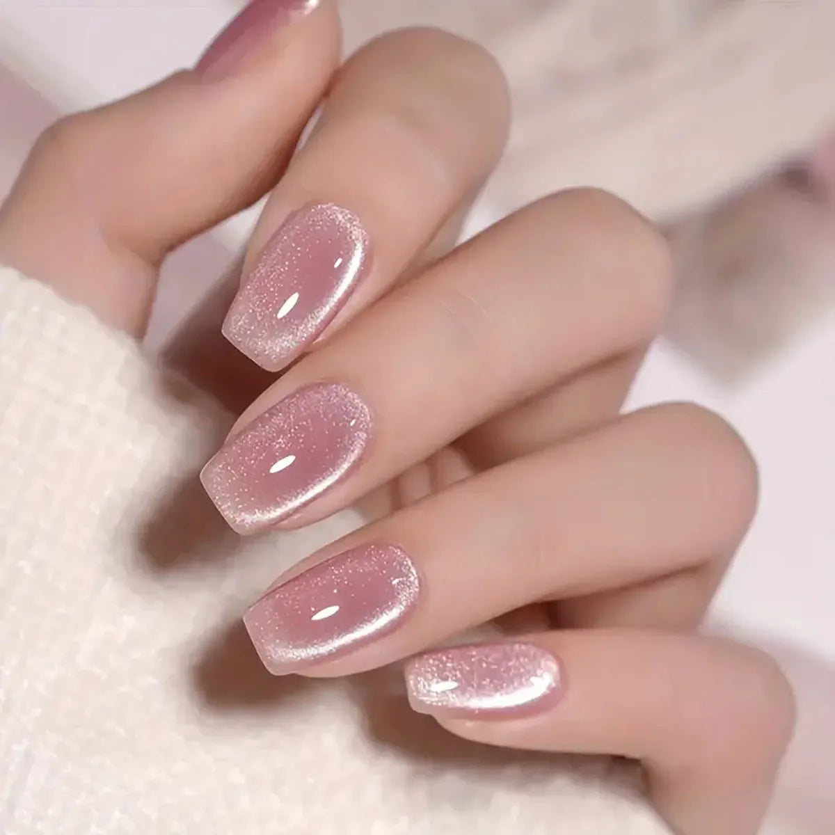 24pcs Cat's Eye Press on Nails Wearing Square Head French Ballet Nail Art Tips for Women Removable False Nails with Jelly Glue