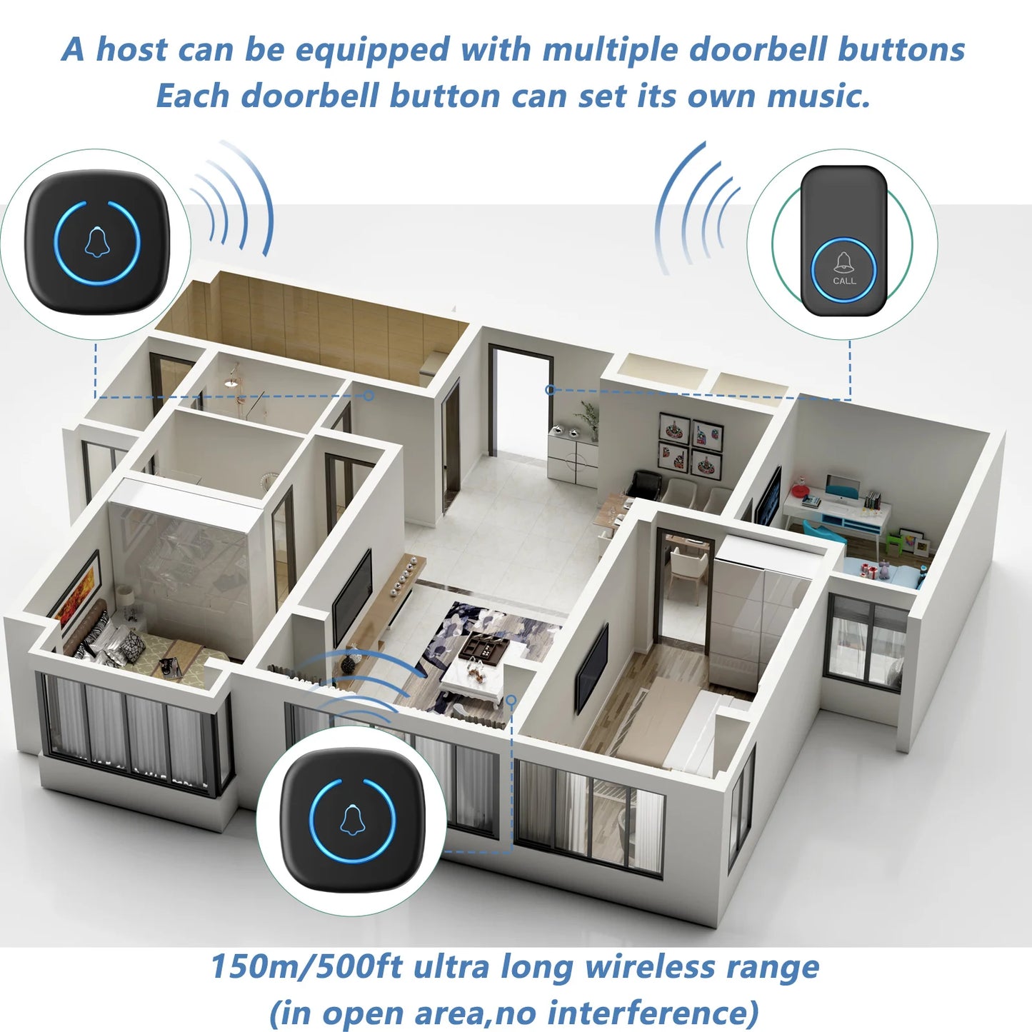 Wireless Doorbell 1000ft Range Loud Enough With 5 Volume Levels Door Welcome Chimes LED Flashing 1 Receivers & 2 Buttons