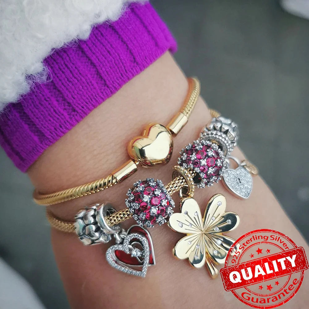 Sparkling 925 Sterling Silver Pavé Round Pink Charm Fit Original Bracelet Blue Charm Beads Women Necklace Fine Jewelry Gift