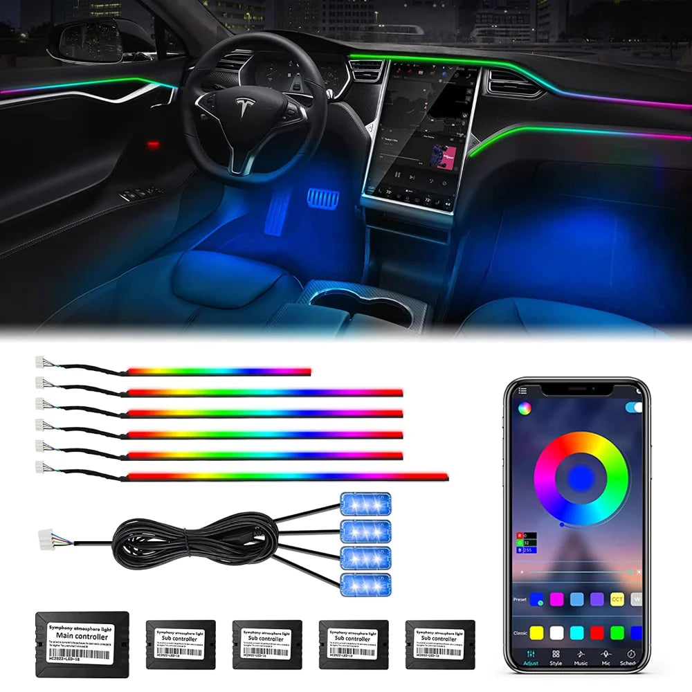 Neon Car Interior Ambient Lights APP DIY Control Acrylic Strip Light Guide Fiber Optic RGB Auto Decoration Atmosphere Lamp