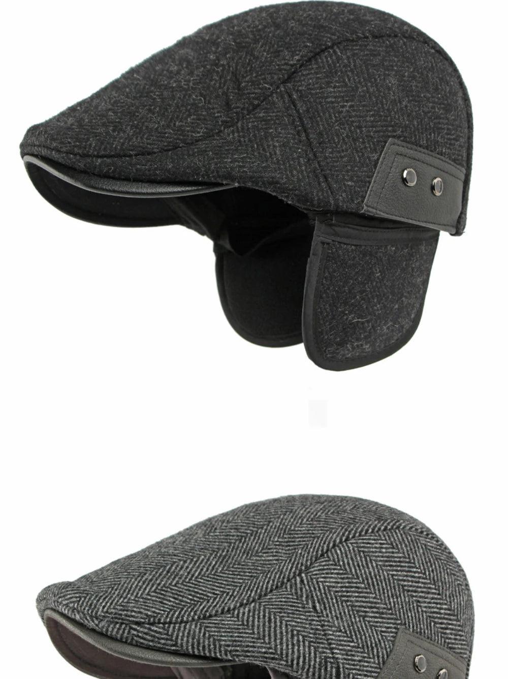 HT5025 Beret Cap Striped Beret Hats with Ear Flaps Male Female Adjustable Ivy Flat Cap Fleece Lined Winter Hat Women Mens Berets