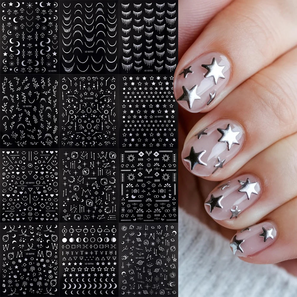 12Pcs Gold/Silver Tasse/Line/Star/Moon 3D Nail Art Stickers Leaf/Geometric Design Self-adhesive Sliders Luxury Manicure Decals
