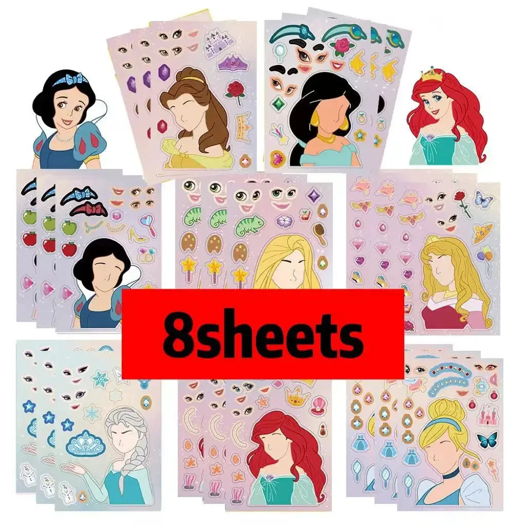8/16Sheets Disney Micke Puzzle Stickers  Children DIY Make-a-Face Funny Assemble Jigsaw Cartoon Sticker Kids Educational Toys