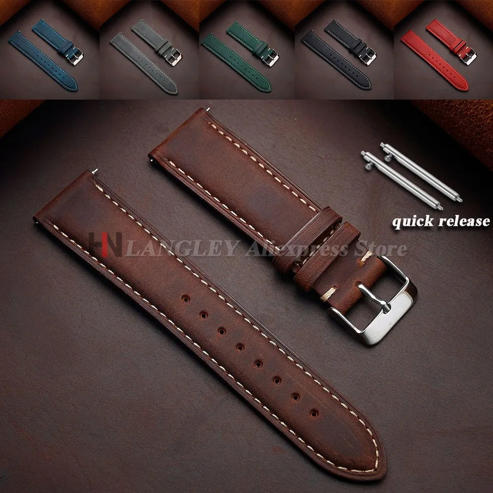 Cowhide Leather Watch Strap 14mm 16mm 18mm 20mm 22mm 24mm for Samsung Galaxy Watch 7/6/5/4 Vintage Brown Quick Release Bracelets